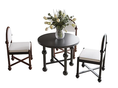 Round Dark Wooden Dining Table With Three Light Upholstered Chairs And White Flower Vase 3d model