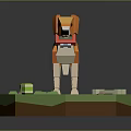 Low Poly Dog Model With Red Collar On Green Platform And Small Toys