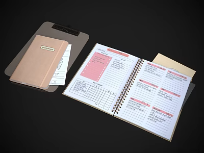 Open Spiral Notebook With Pink White Sections And Brown Journal On Clipboard 3d model