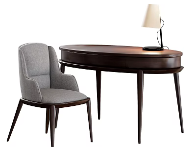 Dark Wood Oval Desk With Gray Fabric Chair And Table Lamp With White Shade 3d model