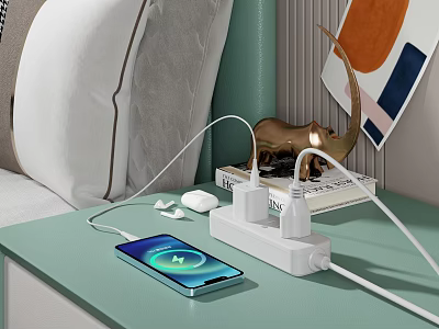 Phone Charging On Nightstand With Charger Earphones And Decor 3d model