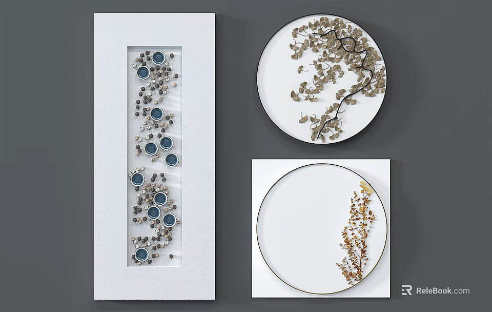 Modern Wall Art With Rectangular Circular Shapes Blue Circles Silver Accents And Branch Leaf Patterns 3d model