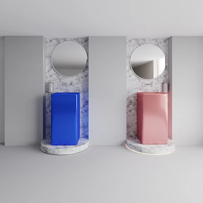 Modern Bathroom Vanity With Blue And Pink Cabinets Round Mirrors Marble Walls And Lighted Base 3d model