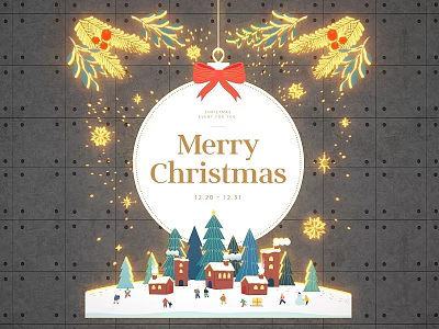 Merry Christmas Decorative Scene With Snowy Houses Winter Trees And Lights 3d model