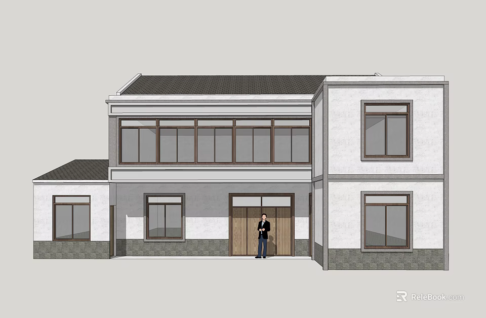 Traditional Style Homestay Building With Two Story Structure White Walls Gray Roof And Multiple Windows 3d model 
