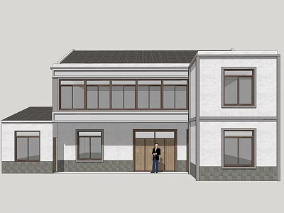 Traditional Style Homestay Building With Two Story Structure White Walls Gray Roof And Multiple Windows 3d model