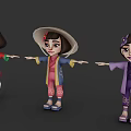Three Cartoon Game And Movie Girl Characters In Different Colored Traditional Outfits With Hats