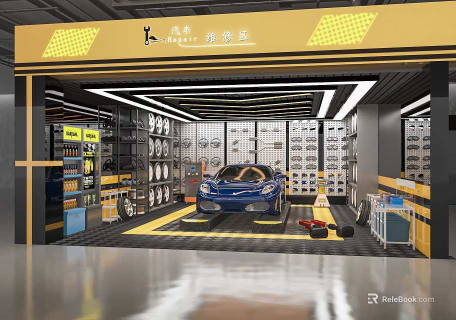 Professional Auto Repair Shop Workshop With Blue Car Tire Storage Racks And Tools 3d model 