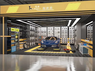 Professional Auto Repair Shop Workshop With Blue Car Tire Storage Racks And Tools 3d model