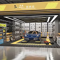 Professional Auto Repair Shop Workshop With Blue Car Tire Storage Racks And Tools