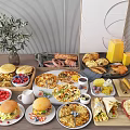 Assorted Breakfast Foods With Hamburgers Pizzas Wraps Sausages Fruits Pastries And Orange Juice