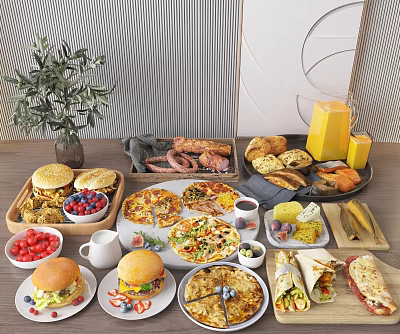 Assorted Breakfast Foods With Hamburgers Pizzas Wraps Sausages Fruits Pastries And Orange Juice 3d model