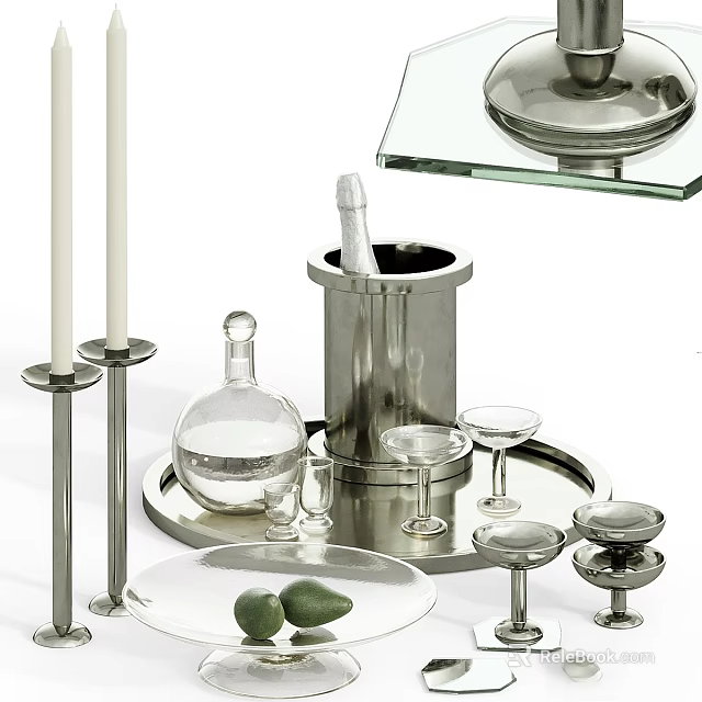 Elegant Silver Metal Decorative Ornament Set With Candle Holders Tray Decanter And Wine Glasses 3d model 