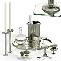 Elegant Silver Metal Decorative Ornament Set With Candle Holders Tray Decanter And Wine Glasses