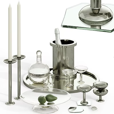 Elegant Silver Metal Decorative Ornament Set With Candle Holders Tray Decanter And Wine Glasses 3d model