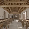 Rustic Restaurant Interior With Wooden Roof Beams Large Windows Rough White Walls And Natural Light