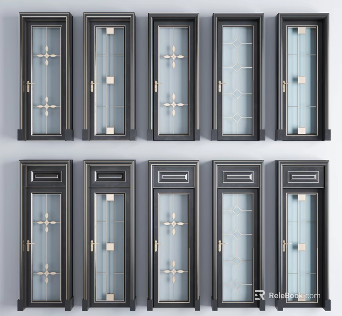 Modern Hinged Doors with Glass Inserts and Metal Accents in Various Patterns 3d model