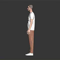 Man Wearing White T-shirt With Print And Red White Plaid Pants And White Shoes