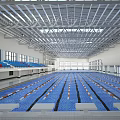 Modern Swimming Pool Interior With Blue Water Lane Lines Spectator Seats Windows And Metal Roof