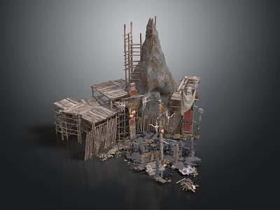 Aged Ruined Scene With Wooden Scaffolding Rocky Mountain And Broken Platforms 3d model