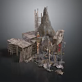 Aged Ruined Scene With Wooden Scaffolding Rocky Mountain And Broken Platforms