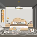 Warm Modern Kids Room Interior With Cloud Bed Toys Soft Rug And Bookshelves