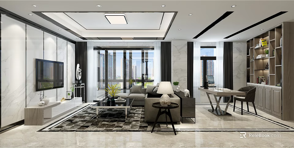 Modern Living Dining Room Interior With Sofa TV Coffee Table Dining Table And Large Windows 3d model 