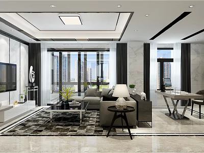 Modern Living Dining Room Interior With Sofa TV Coffee Table Dining Table And Large Windows 3d model