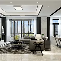 Modern Living Dining Room Interior With Sofa TV Coffee Table Dining Table And Large Windows
