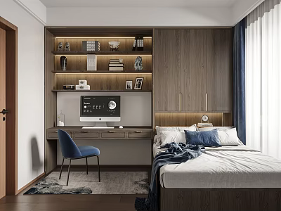 Modern Tatami Bedroom Interior With Wooden Shelves Desk And Blue Chair 3d model