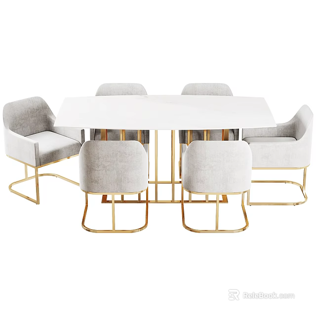 Modern Dining Table Set With White Rectangular Table Light Gray Chairs And Gold Metal Legs 3d model