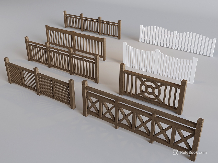 Wooden Railings In Various Styles Featuring Cross Circular And Picket Designs 3d model 