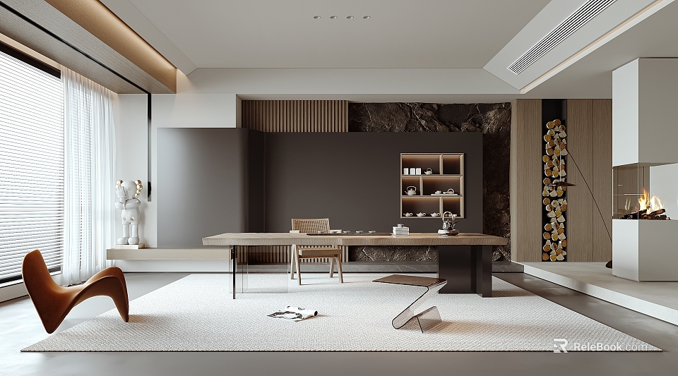 Modern Tea Room Interior Design With Long Wooden Table Chairs Bookshelf Stone Wall And Rug 3d model 
