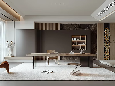 Modern Tea Room Interior Design With Long Wooden Table Chairs Bookshelf Stone Wall And Rug 3d model
