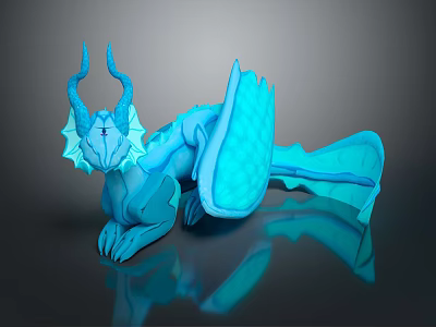 Blue Dragon Character 3D Model Lying With Horns Wings Tail And Shiny Reflective Surface 3d model