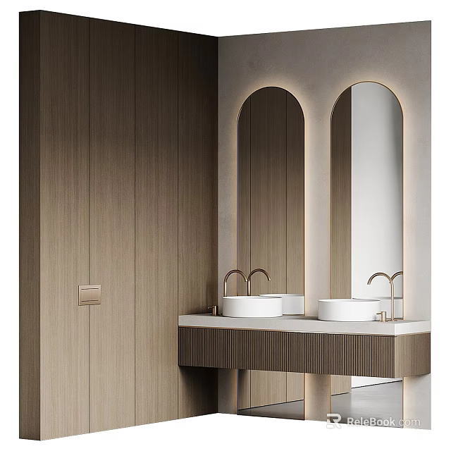 Modern Bathroom Washbasin Vanity With Arched Mirrors White Basins And Wooden Cabinets 3d model 