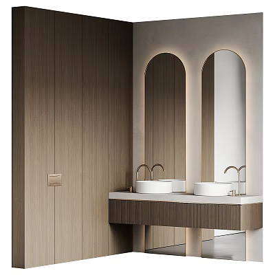 Modern Bathroom Washbasin Vanity With Arched Mirrors White Basins And Wooden Cabinets 3d model