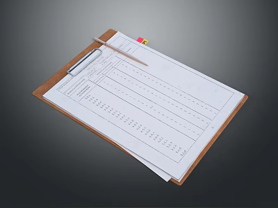 Brown Clipboard With Paper Pencil And Yellow Sticky Note On Dark Background 3d model