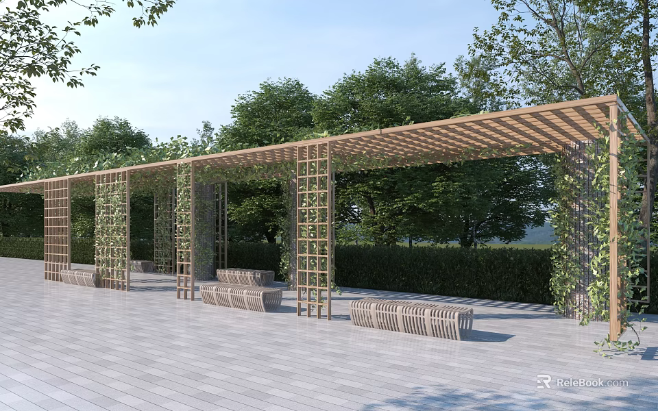 Wooden Pergola With Climbing Plants Benches And Stone Floor Surrounded By Green Trees 3d model 