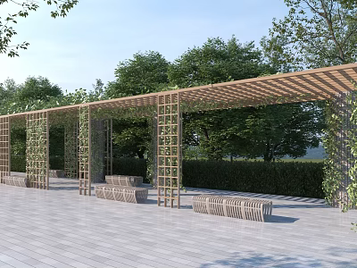 Wooden Pergola With Climbing Plants Benches And Stone Floor Surrounded By Green Trees 3d model