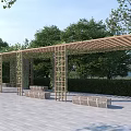 Wooden Pergola With Climbing Plants Benches And Stone Floor Surrounded By Green Trees