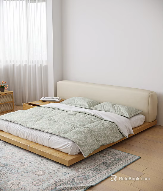 Modern Bedroom Interior With Beige Headboard Wooden Frame Light Green Patterned Quilt And White Curtains 3d model 