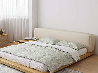 Modern Bedroom Interior With Beige Headboard Wooden Frame Light Green Patterned Quilt And White Curtains 3d model
