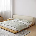 Modern Bedroom Interior With Beige Headboard Wooden Frame Light Green Patterned Quilt And White Curtains