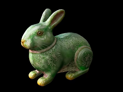 Green Ceramic Rabbit Decorative Ornament Set With Floral Patterns And Yellow Paws 3d model