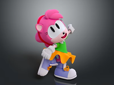 Cute Pink Haired Doll With White Face Green Top Orange Skirt And Purple Shoes 3d model