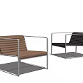 Modern Minimalist Leisure Chairs With Wooden Slatted Seat Back And Metal Frame In Brown Black