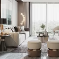 Modern Elegant Living Room With Marble Floor Sofa Coffee Table Floor-to-Ceiling Windows And TV Wall