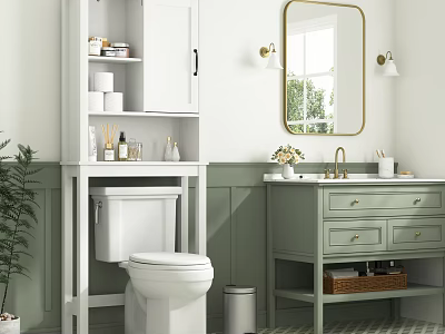 Modern Bathroom With White Toilet Green Vanity Gold Framed Mirror Wall Sconces And Potted Plant 3d model