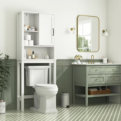 Modern Bathroom With White Toilet Green Vanity Gold Framed Mirror Wall Sconces And Potted Plant 3d model